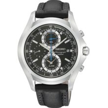 Seiko Men's Stainless Steel Case Alarm Chronograph Black Dial Black Leather Strap SNAE85