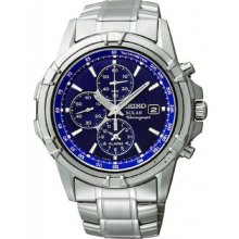 Seiko Men's Stainless Steel Case and Bracelet Blue Tone Dial Date Display Solar Alarm Chronograph SSC141