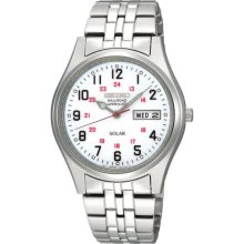 Seiko Men's Stainless Steel Railroad Approved Solar Quartz Link Bracelet White Dial SNE045