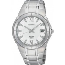 Seiko Men's Stainless Steel Solar Quartz Link Bracelet White Dial SNE085