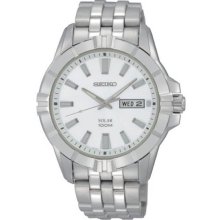 Seiko Men's Stainless Steel Solar Quartz Link Bracelet White Dial SNE175