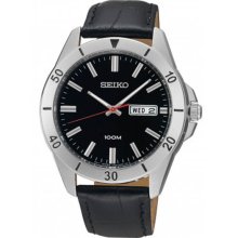 Seiko Men's Stainless Steel Case Leather Bracelet Black Tone Dial Day and Date SGGA75P2