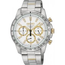 Seiko Men's Stainless Steel Quartz Chronograph White Dial Tachymeter Bezel Gold Accents SSB029