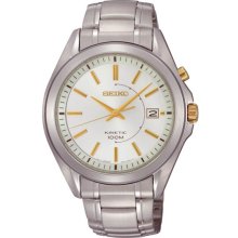 Seiko Men's Stainless Steel Kinetic Silver Dial Date Display Gold Hour Markers SKA525