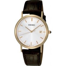 Seiko Men's Stainless Steel Case Dress Leather Strap White Dial SKK698