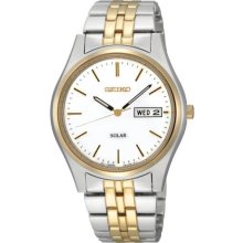 Seiko Men's Two Tone Stainless Steel Solar Quartz Link Bracelet White Dial SNE032