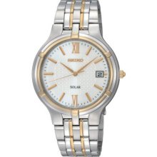 Seiko Men's Two Tone Stainless Steel Solar Quartz Link Bracelet White Dial SNE066