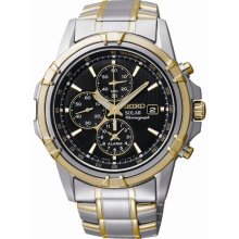 Seiko Men's Two Tone Stainless Steel Case and Bracelet Black Tone Dial Date Display Solar Alarm Chronograph SSC142