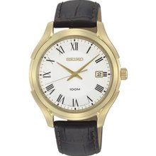 Seiko Sgef72 Men's Watch Gold Tone White Dial Quartz Brown Leather Strap