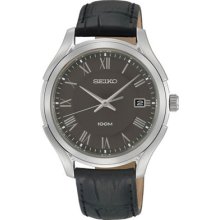 Seiko Sgef73 Men's Watch Gray Dial Black Leather Strap Date Display