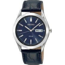 Seiko SNE049 Mens Steel Solar Quartz Blue Dial Black Leather Strap Watch