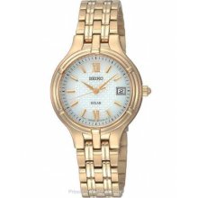 Seiko Solar Gold-Tone Ladies Dress Watch - Silver/White Dial - Date SUT018