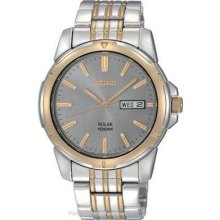 Seiko Solar Mens Two-Tone Day/Date Watch - Charcoal Dial - 100m SNE098