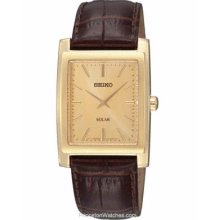 Seiko Solar Mens Watch Gold-Tone Rectangular Dial Brown SUP896