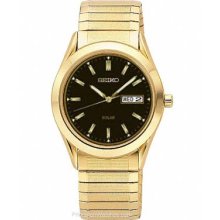 Seiko Solar Mens Watch Black Dial Gold-Tone Expansion Band SNE060