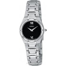 Seiko Stainless Thin Ladies Stainless Dress Watch - Black Face SUJD53