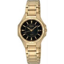 Seiko SXDE18 Womens Gold Tone Stainless Steel Quartz Black Dial Link Bracelet