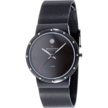 Skagen Denmark Mens Slim Case Date Window Black Ip Titanium Mesh Bracelet Watch
