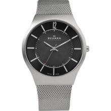 Skagen Denmark Silver Mesh Black Dial Mens Watch 833XLSSB1