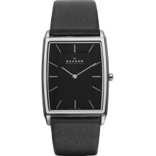 Skagen Mens Analog Stainless Watch - Black Leather Strap - Black Dial - 857LSLB