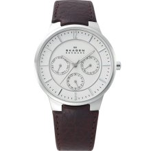 Skagen Round Multifunction Leather Strap Watch Brown/ Silver