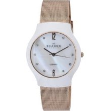 Skagen Women's Ceramic MOP Dial Rose Gold Steel Mesh Strap