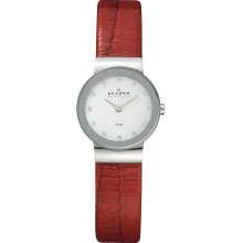 Skagen Womens Crystal Analog Stainless Watch - Red Leather Strap - White Dial - 358XSSLR8A4