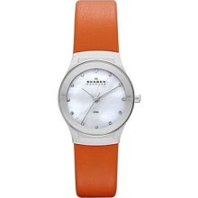Skagen Womens Studio Brights Crystal Analog Stainless Watch - Orange Leather Strap - Pearl Dial - SKW2026