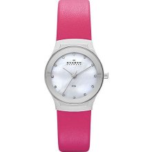 Skagen Womens Studio Brights Crystal Analog Stainless Watch - Pink Leather Strap - Pearl Dial - SKW2018
