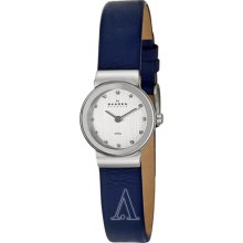 Skagen Womens Swarovski Crystal Analog Stainless Watch - Blue Leather Strap - Silver Dial - 358XSSLN