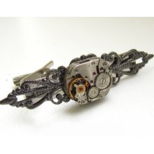 Steampunk Tie Clip with small vintage watch movement . Vintage upcycled mens Tie Tack, Industrial chic, Gift under 30 Dollars
