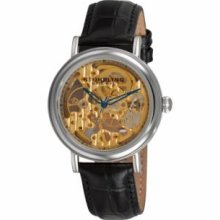 Stuhrling Original 294.111531 Gold Tone Case with Gold Tone Movementandamp;#44; Blue Skeletonized Handsandamp;#44; and Black Alligator Embossed Genuine Leather Strap