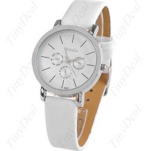 Stylish Round Case Quartz Wrist Watch w/ White Faux Leather Band for Women