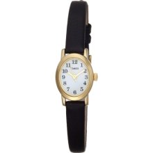 Timex Ladies Polished Stainless Steel Black Leather Wristwatch T2m566