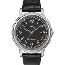 Timex Mens Classics Series Black Dial Stainless Steel Case Leather Strap Watch