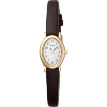 Timex Womens Cavatina Oval Gold Tone Brass Case Brown Leather Watch T2n256