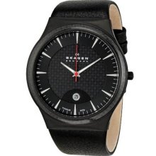 Titanium Case Leather Strap Quartz Black Dial Date Display