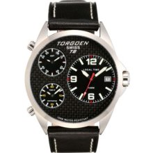 Torgoen T8 Zulu Time Watch - Black Leather Strap, Steel Case, Black Face