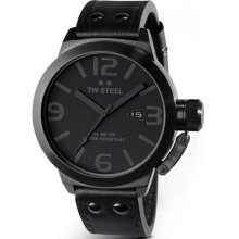 TW Steel Mens Canteen Analog Stainless Watch - Black Leather Strap - Black Dial - TW822