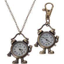 Unisex Alarm Clock Style Analog Alloy Quartz Keychain Necklace Watch (Bronze)