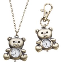 Unisex Bear Style Alloy Quartz Analog Keychain Necklace Watch (Bronze)