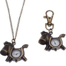 Unisex Cartoon Horse Style Analog Alloy Quartz Keychain Necklace Watch (Bronze)