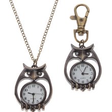 Unisex Hollow Owl Style Analog Alloy Quartz Keychain Necklace Watch (Bronze)