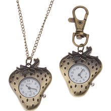 Unisex Strawberry Style Alloy Quartz Analog Keychain Necklace Watch (Bronze)