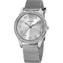 Vernier Women's Silver Tone Crystal Stone Bezel Mesh Strap Watch