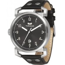Vestal Mens Observer Analog Stainless Watch - Black Leather Strap - Black Dial - OB3L006