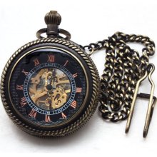 Vintage Brass Steampunk Magnifying Skeleton Mechanical MEN POCKET WATCH