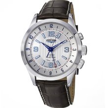 Vulcain Men's 'Aviator Dual Time' Silver Dial Brown Strap Watch