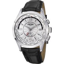 Vulcain Men's 'Aviator GMT' Silver Dial Black Leather Strap Watch