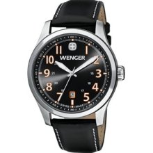 Wenger Mens Terragraph Analog Stainless Watch - Black Leather Strap - Black Dial - 0541.104